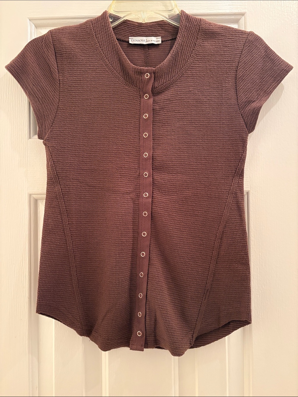Zenana Outfitters Short Sleeve Snap-Front Top Brown